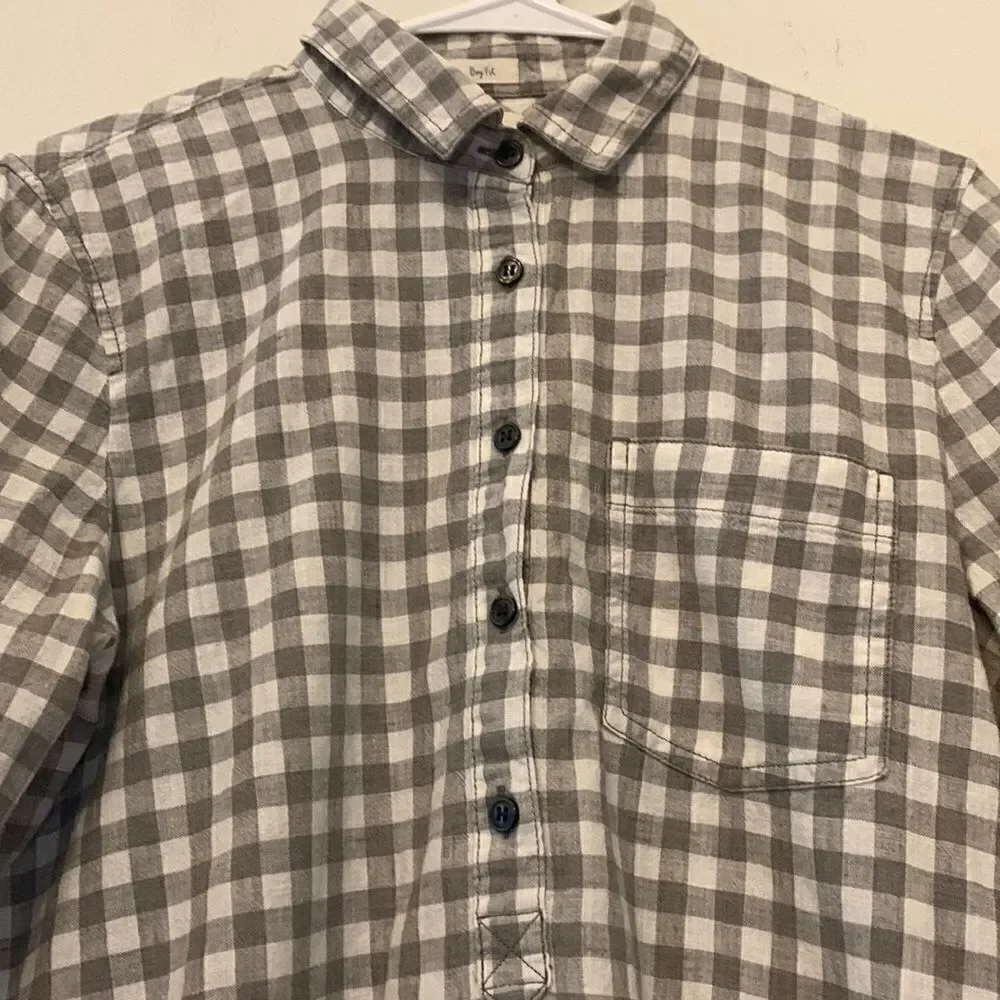 J Crew gray and white checked shirt Size S Long sleeves Length 27” Bust 19”